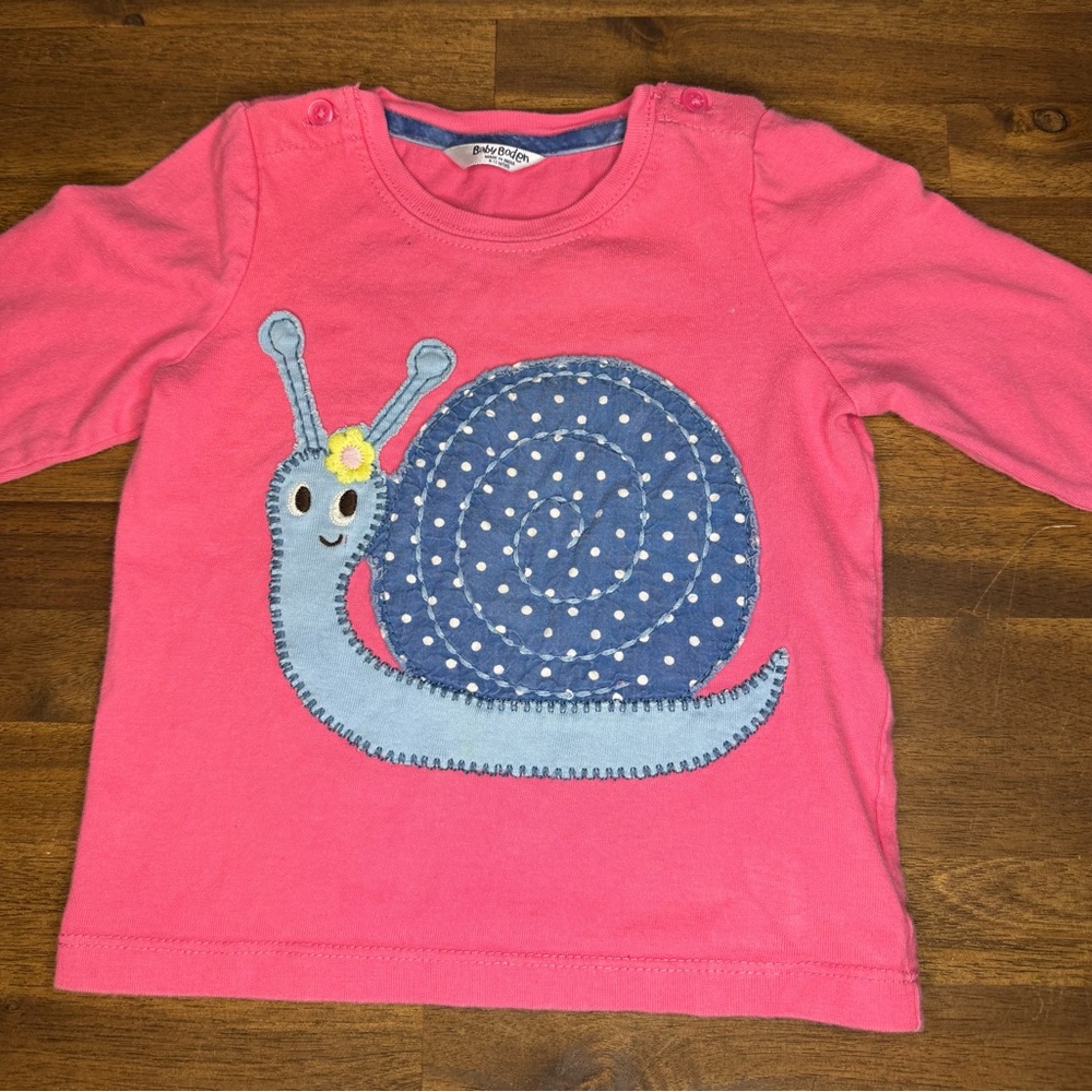 Baby Boden Pink Long Sleeve Shirt with Blue Snail Appliqué, Size 6-12 mo
